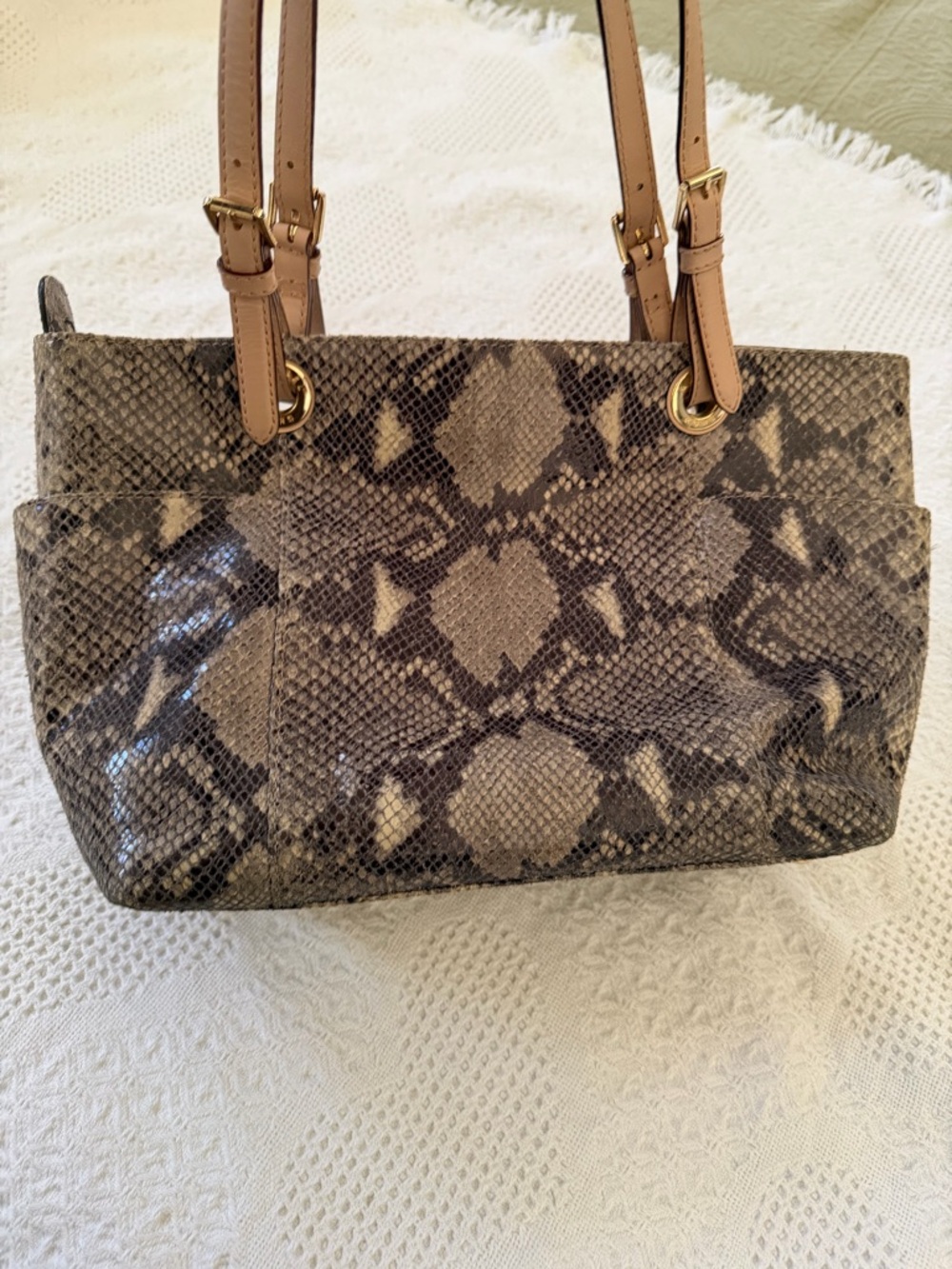 Michael Kors Gray Snake-Print Shoulder Bag with Tan Handles